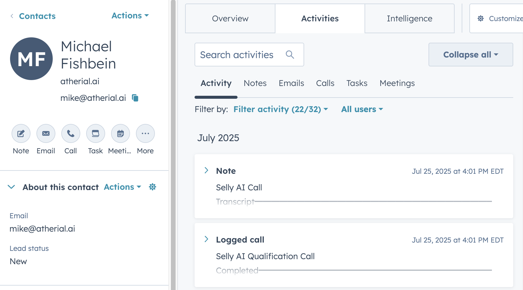 CRM integration interface showing lead management and call logs